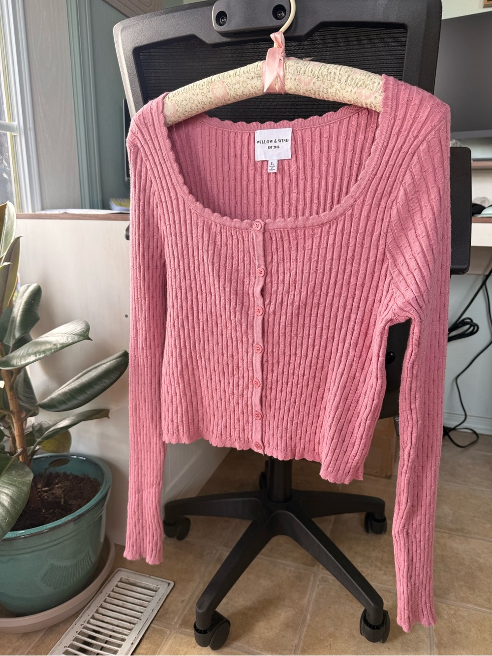 Willow & Wind Pink Ribbed Button-Front Cardigan